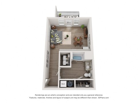 Floor plan for studio, 1 bath, 579 sqft